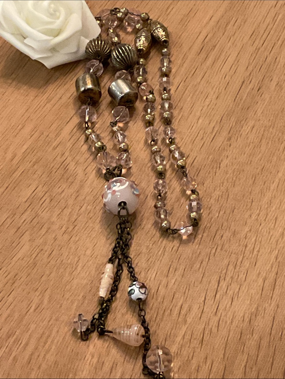 Vintage Murano Venetian Glass Wedding Cake Flapper Negligee Tassel Necklace Pink